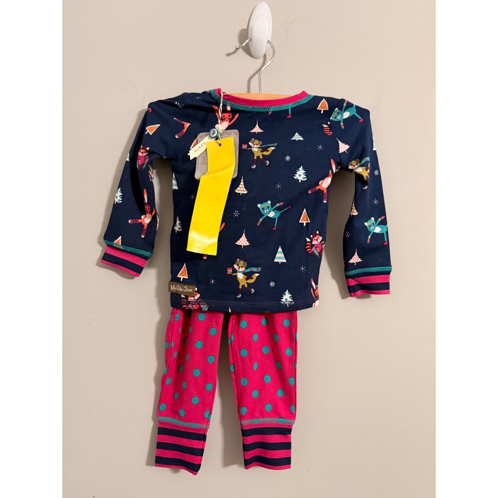 Matilda Jane Pajama Set Toddler 12-18M Navy Pink Woodland Fox Polka Dot Henley